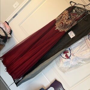 Clarisse Burgundy Prom Gown with Gold Embellished Bodice